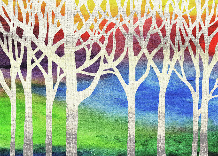 Into The Woods Painting - Whimsical Rainbow Forest Decor Watercolor Silhouette   by Irina Sztukowski
