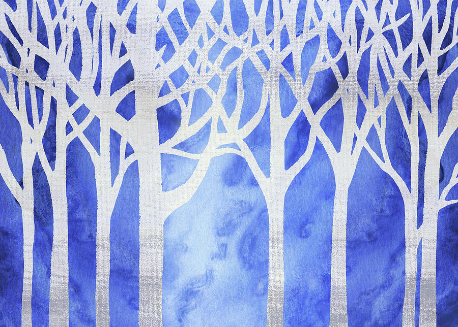Whimsical Silver Blue Forest Decor Watercolor Silhouette   Painting by Irina Sztukowski