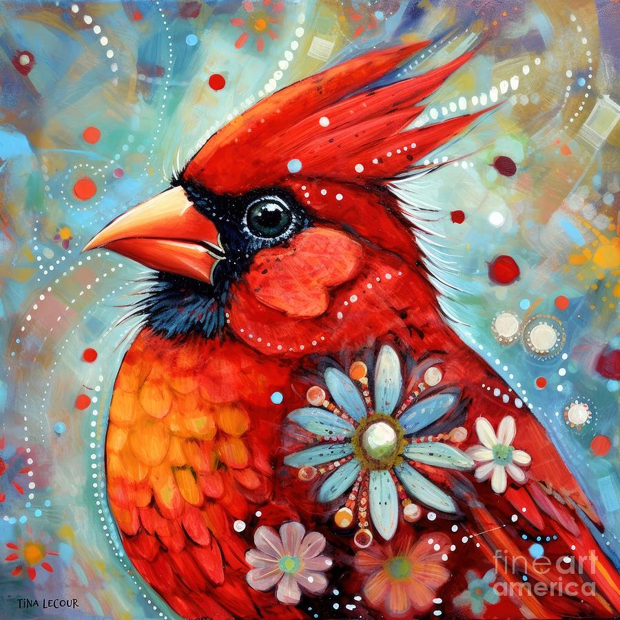 Whimsical Spring Cardinal Painting by Tina LeCour