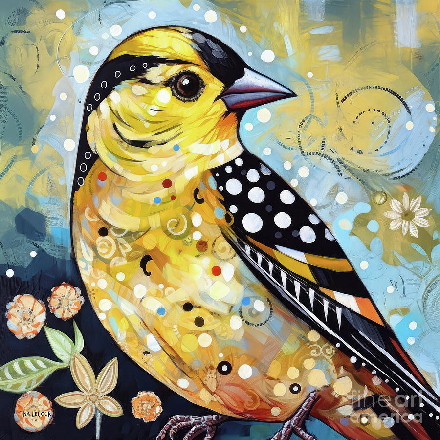 Nature Painting - Whimsical Spring Goldfinch by Tina LeCour