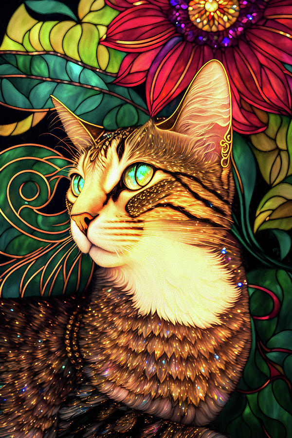 Whimsical Tabby Cat and Sunflower Digital Art by Peggy Collins