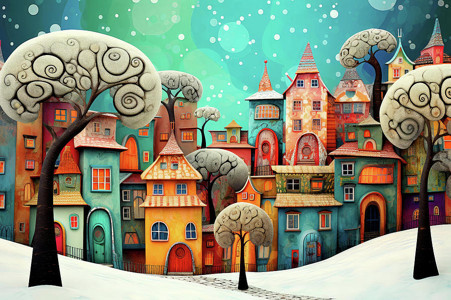 Whimsical Town in Winter Digital Art by Peggy Collins