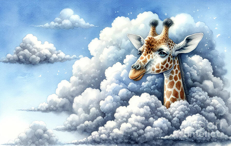 Whimsical watercolor painting of a giraffes head peeking through fluffy clouds Digital Art by Odon Czintos