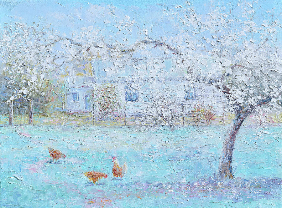 Whimsical white blossoms - a cottage in spring Painting by Jan Matson Whimsical white blossoms - a cottage in spring Painting by Jan Matson