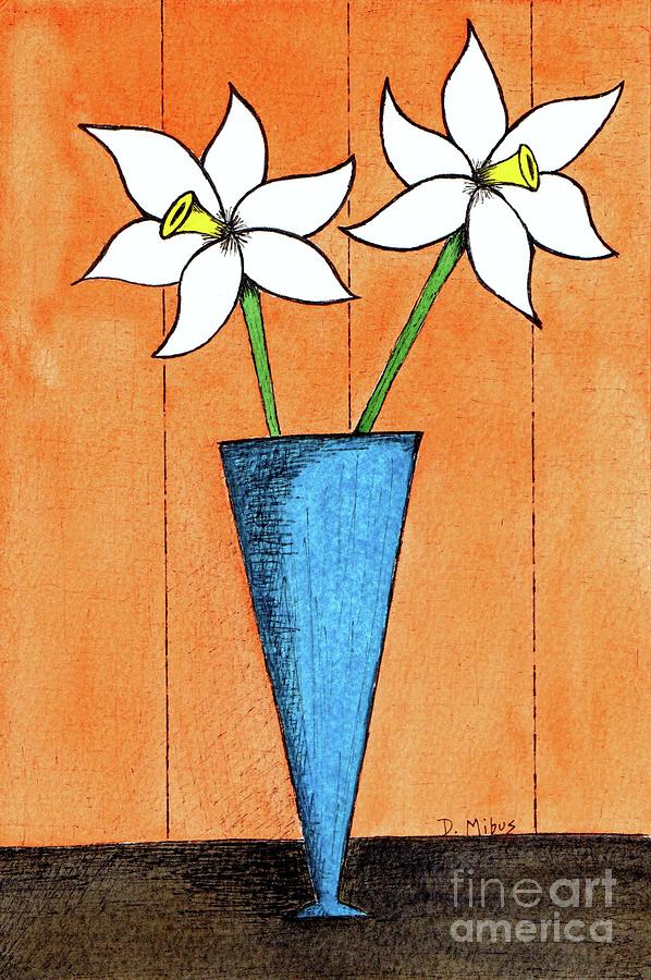 Whimsical White Flowers in Blue Vase Painting by Donna Mibus