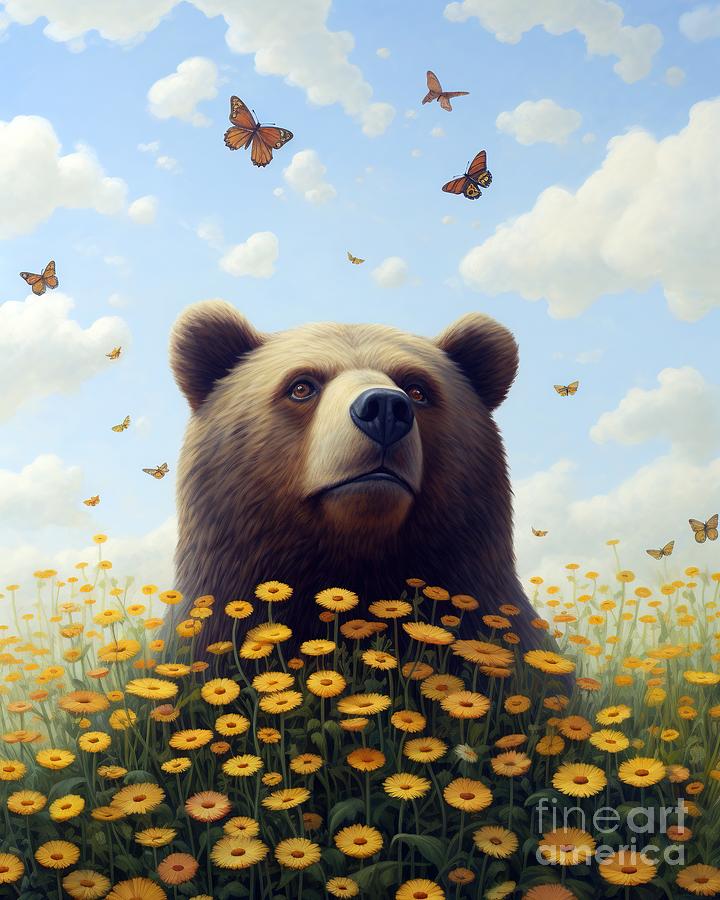Whimsical Wilderness The Bears Dreamy Dance with Butterflies Painting by Vincent Monozlay