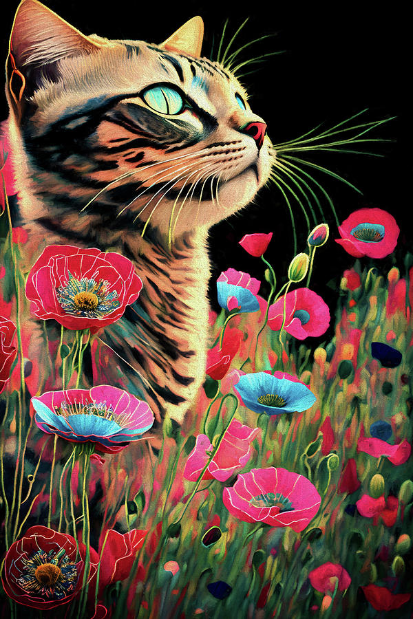 Whimsy the Cat in Poppies Digital Art by Peggy Collins