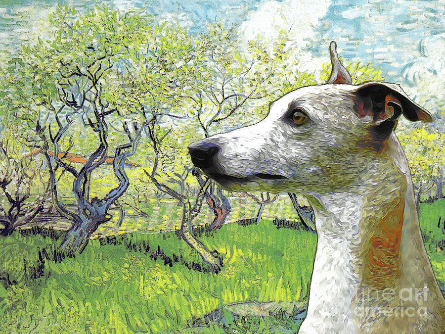 Dog Painting - Whippet Van Gogh Art Flowering Orchard. by Sandra Sij