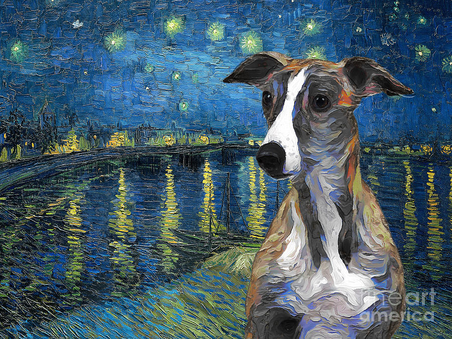 Whippet Van Gogh Art Starry Night Over The Rhone Painting