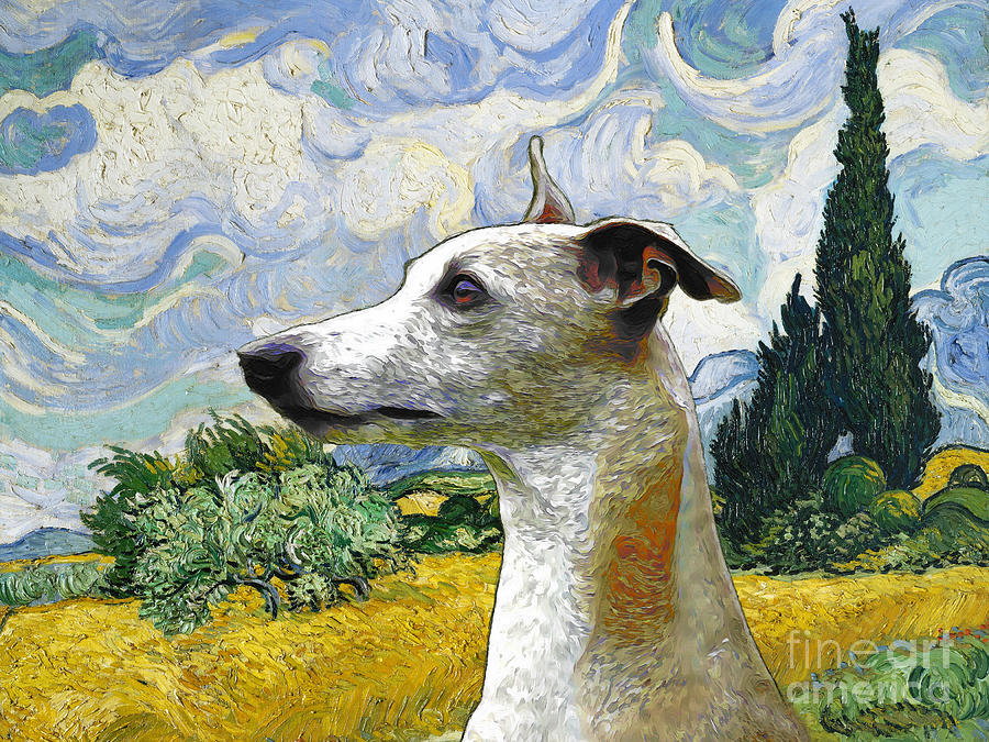 Whippet Van Gogh Art Wheat Field with Cypresse Painting by Sandra Sij