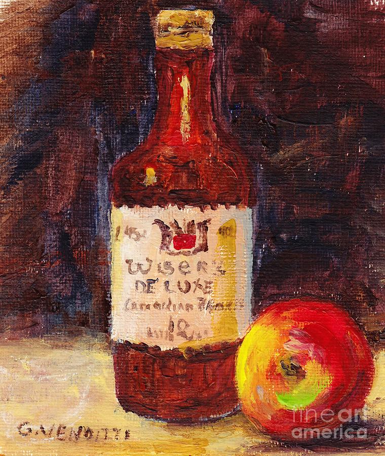 Whiskey Bottle With Red Apple Still Life Painting by Grace Venditti