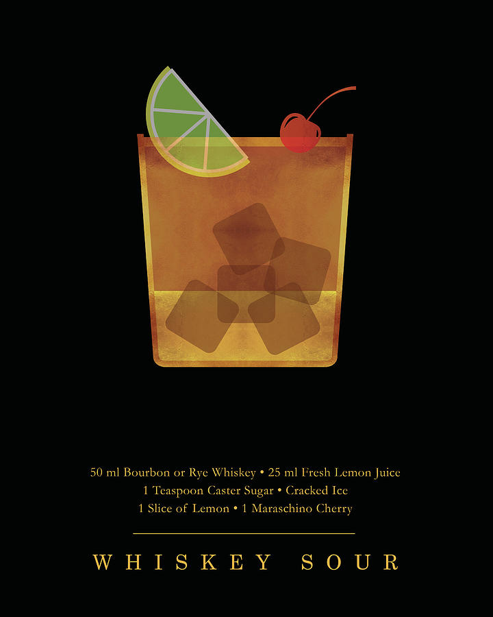 Whiskey Sour Cocktail - Classic Cocktail Print - Black And Gold - Modern, Minimal Lounge Art Digital Art