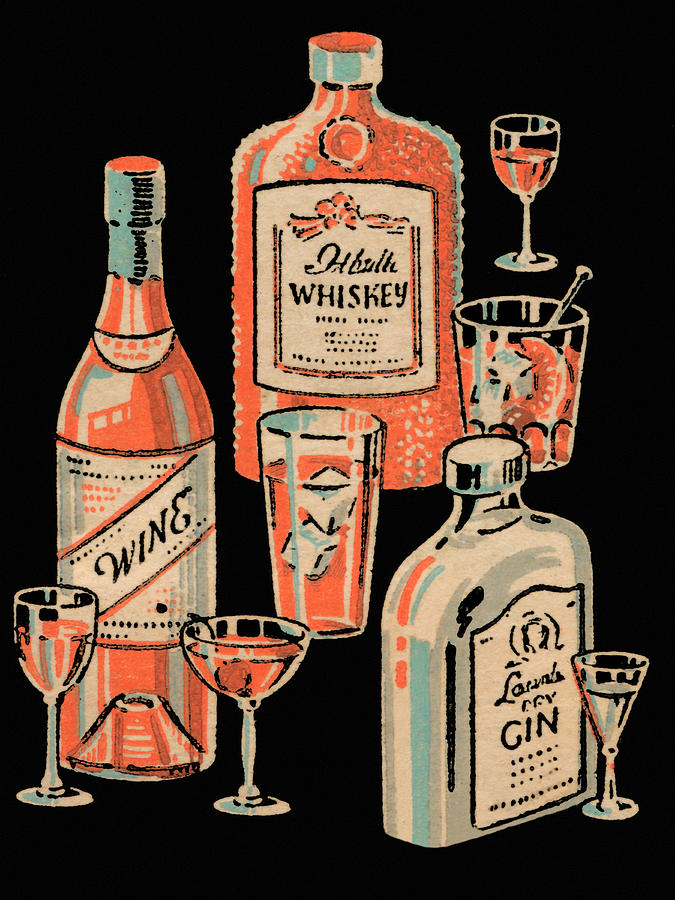 Whiskey, Wines and Gin Drawing by Vintage Drinks Posters