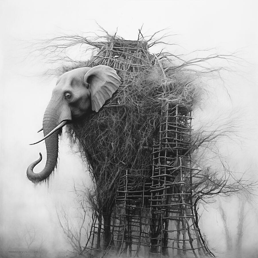 Black And White Digital Art - Whispers of Imagination. The Enigmatic Monochrome Elephant by Beata Bieniak