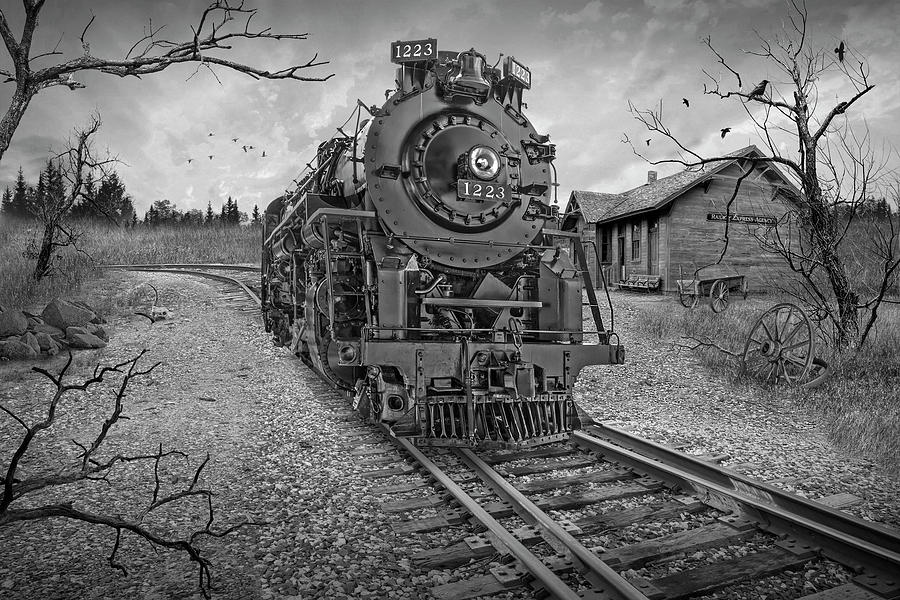 Whistle Stop with an Old Locamotive in Black and White at a Trai Photograph by Randall Nyhof