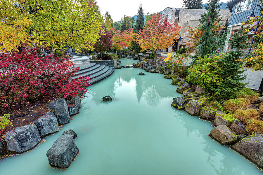 Whistler Village in the Fall with the blue water of Fitzsimmons Creek Photograph by Pierre Leclerc Photography