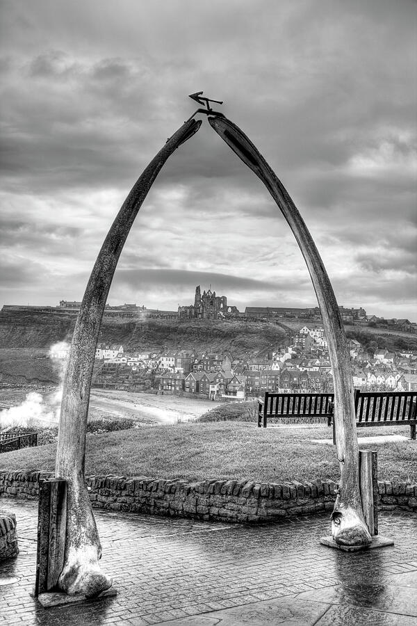 Whale Photograph - Whitby Whale Bones Arch Framing Whitby Abbey by Paul Thompson