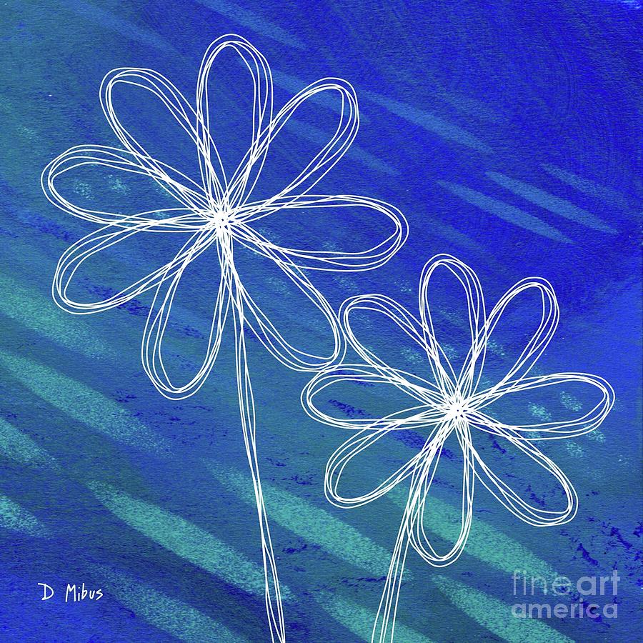 White Abstract Flowers on Blue and Green Mixed Media by Donna Mibus