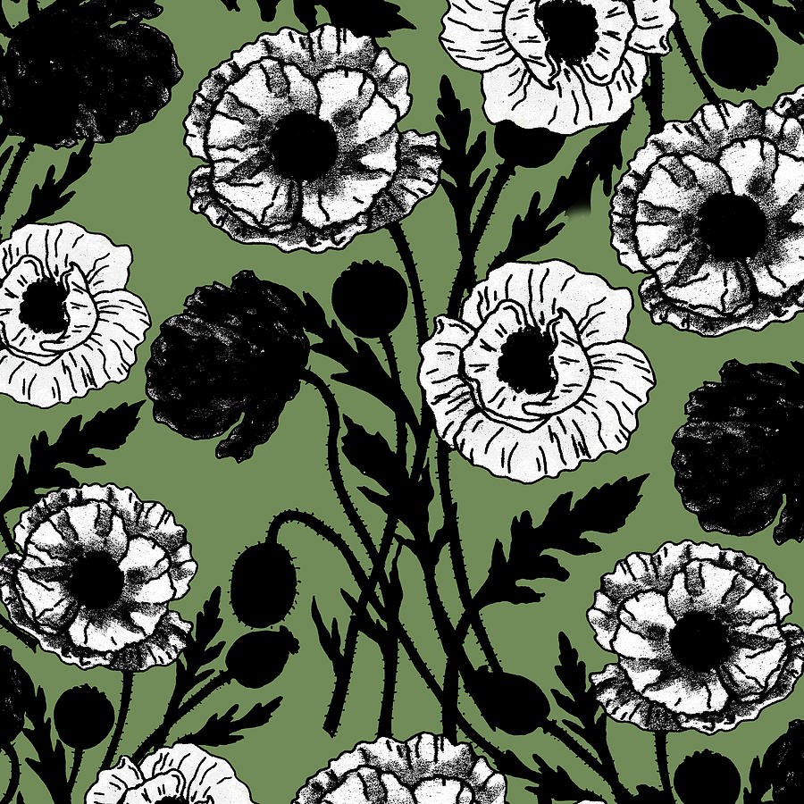 White And Black On Green Gorgeous Garden Vintage Retro Pattern Botanical Flowers Pattern Painting