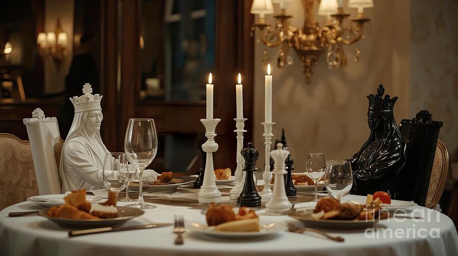 White and black queen chess pieces dining together, representing peace and conflict Digital Art by Benny Marty
