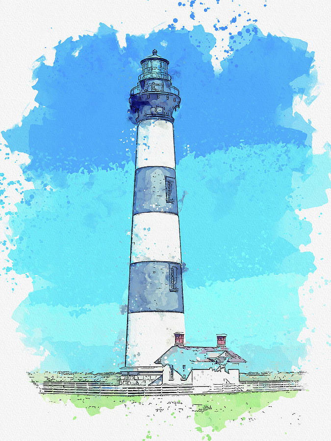 White and Black Striped Lighthouse, watercolor, ca 2020 by Ahmet Asar Digital Art by Celestial Images