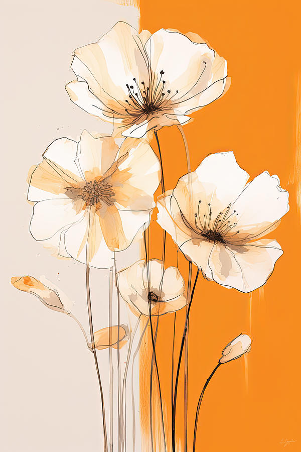 Orange And Yellow Flowers Painting - White and Burnt Orange - Scandinavian Art by Lourry Legarde