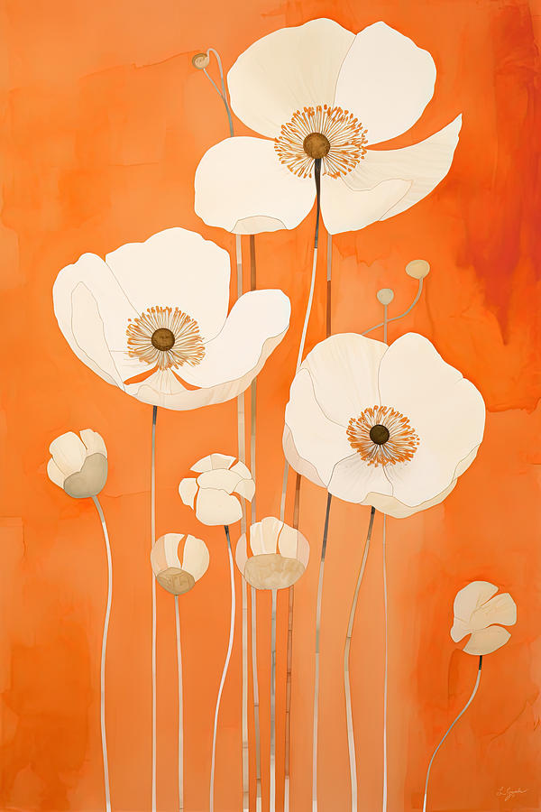White And Cream Floral - Burnt Orange Art Painting