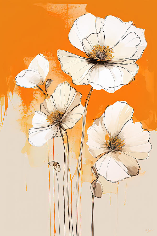 White and Cream Flowers Against a Beige and Orange Backdrop Painting by Lourry Legarde