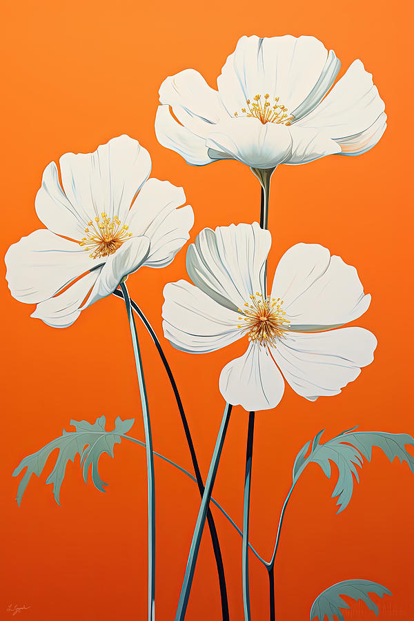 White And Cream Flowers Against A Burnt Orange And Teal Backdrop Painting