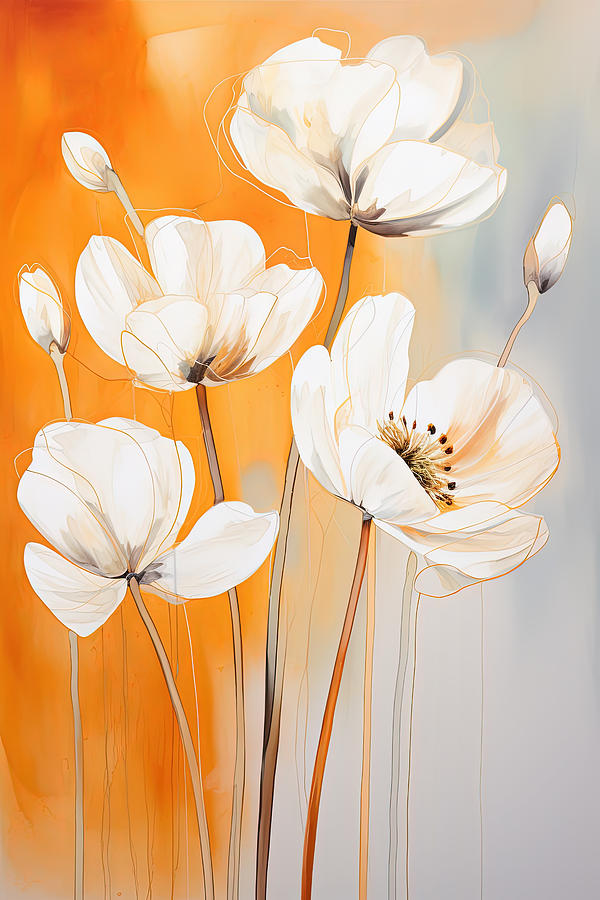 Retro Flowers Painting - White and Cream Flowers against Burnt Orange by Lourry Legarde