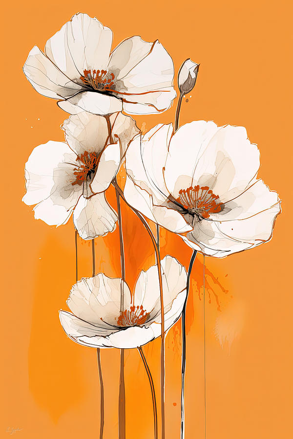 White And Cream Flowers Against Orange Painting