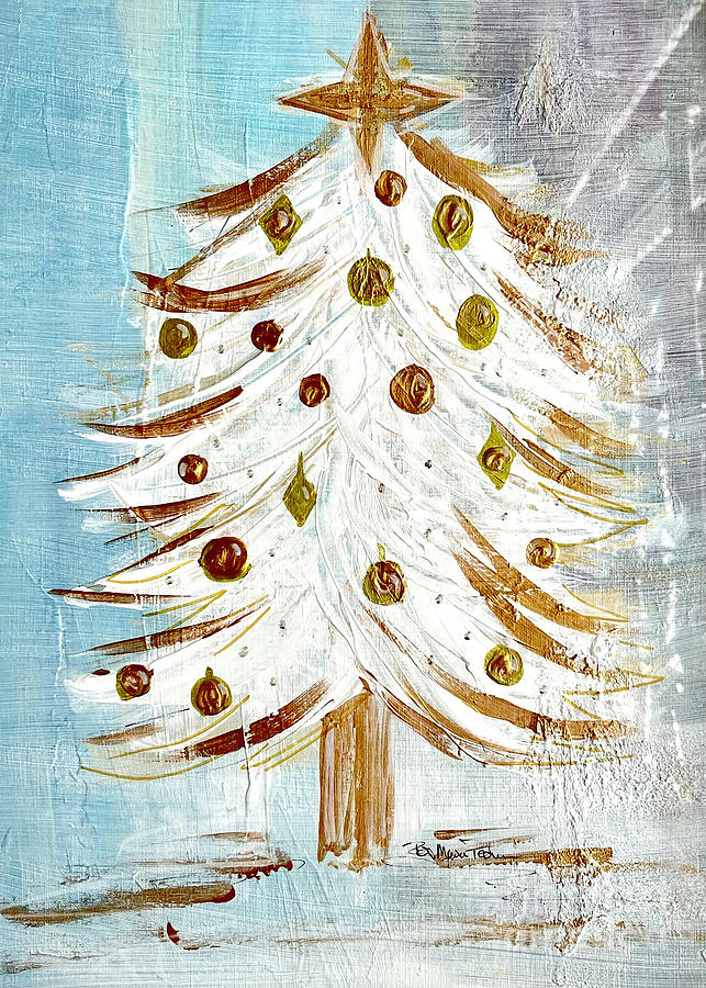 White and Gold Christmas Tree Painting by Robin Pedrero