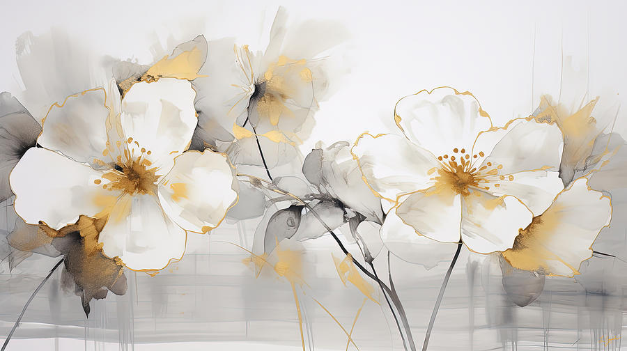 White and Gray Florals Painting Painting by Lourry Legarde