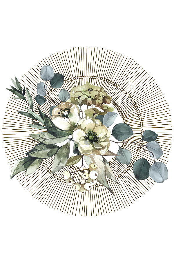 White and Green Bouquet with Circle Design Digital Art by N Kirouac