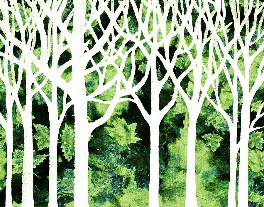 White And Green Enchanted Forest Watercolor Silhouette Trees And Branches  Painting by Irina Sztukowski