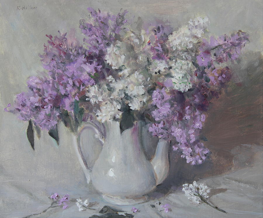 White and Lavender Lilacs in Porcelan Coffeepot Painting by Robert ...