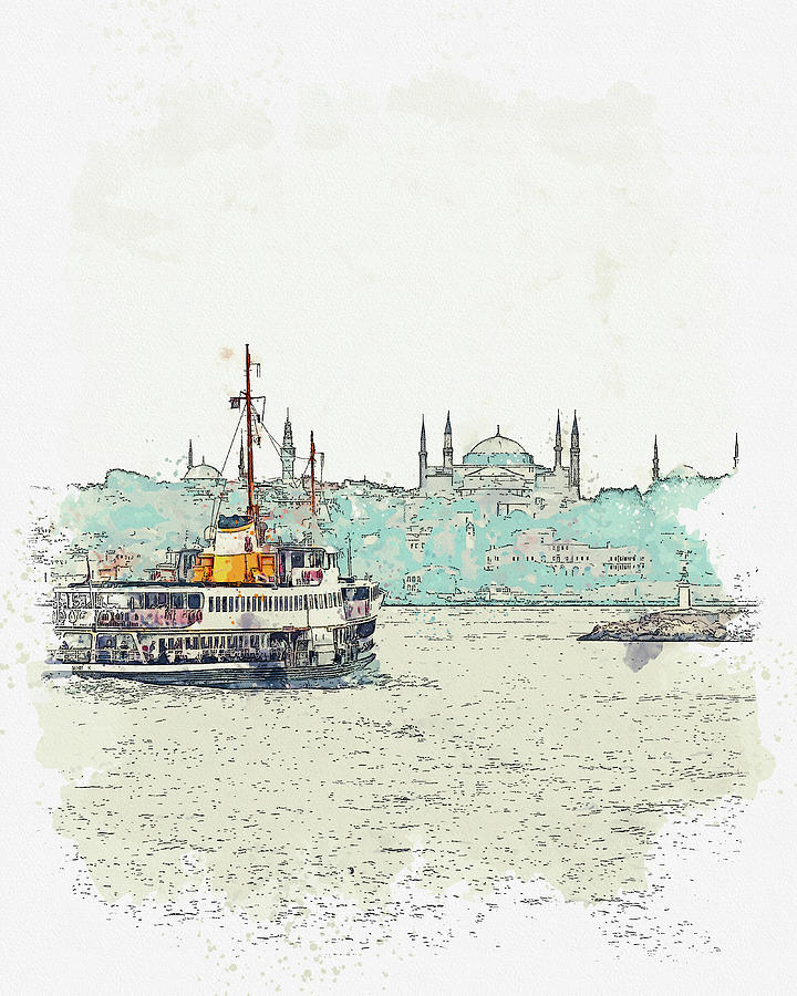 White And Orange Ship On Sea , Life In Istanbul Painting