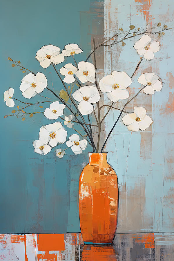 Flowers Still Life Painting - White and Turquoise Floral Art by Lourry Legarde