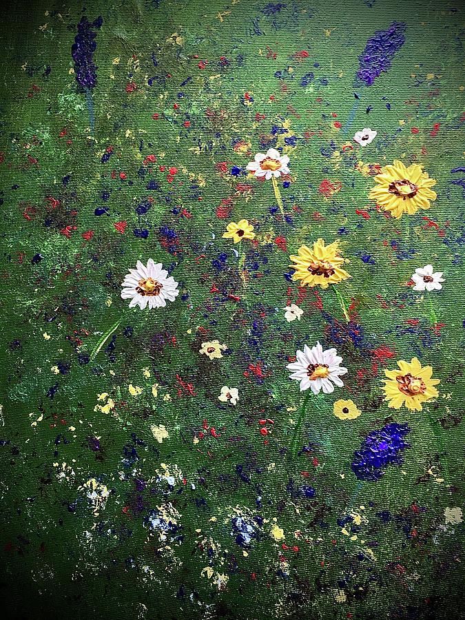 White and yellow daisies in meadow Painting by Barbara Magor