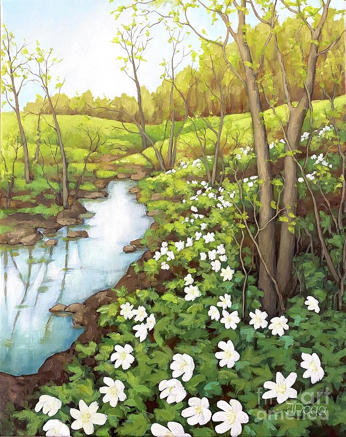 White anemones along the creek Painting by Inese Poga
