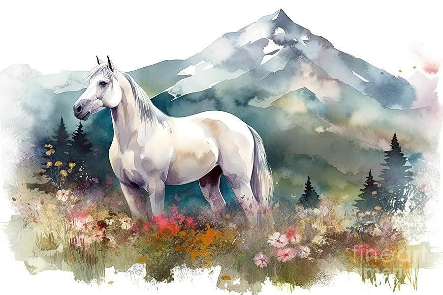 Nature Painting - White Arabian horse on an alpine meadow, watercolor illustration by N Akkash