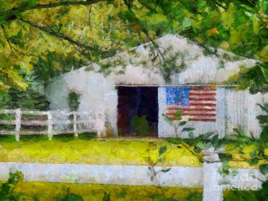Barn Photograph - White Barn Old Colonial American Flag by Janine Riley