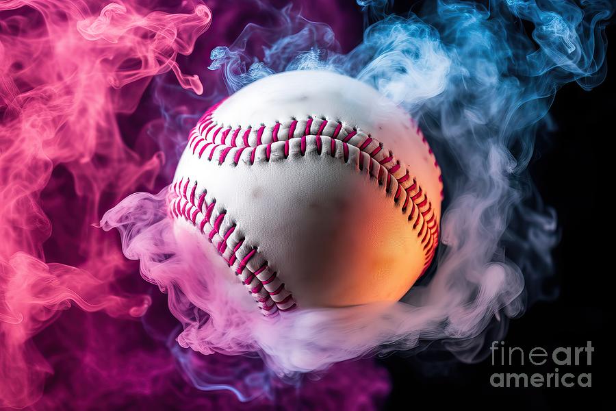 Baseball Painting - White baseball ball in multi-colored red smoke from a vape on a black isolated background by N Akkash
