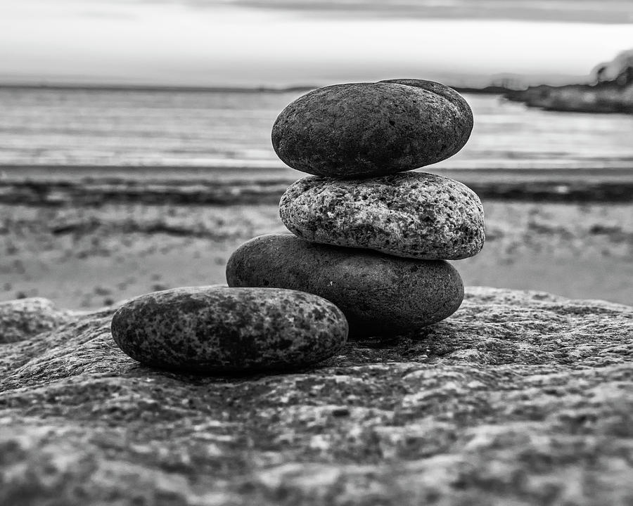 White Beach Rock Cairn Manchester-by-the-sea Massachusetts Black and White Photograph by Toby McGuire