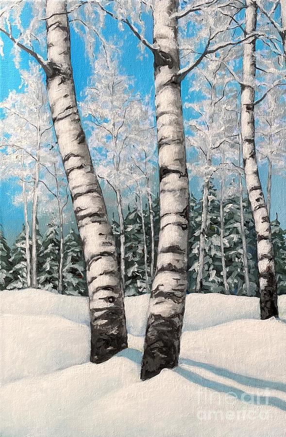 White birch, frosty day, 1 Painting by Inese Poga