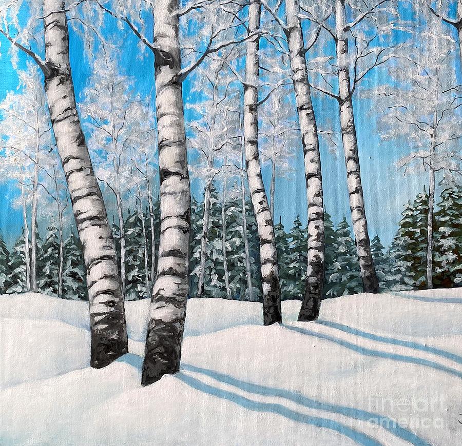 White birch, frosty day, 2 Painting by Inese Poga