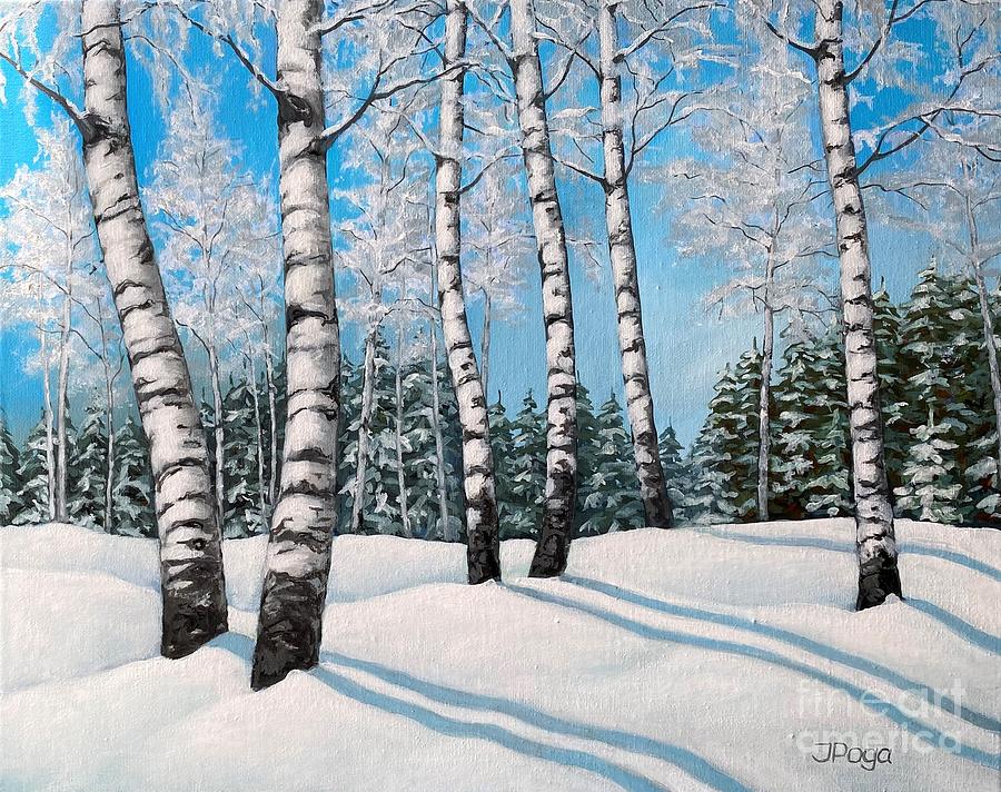 White birch, frosty day 3 Painting by Inese Poga