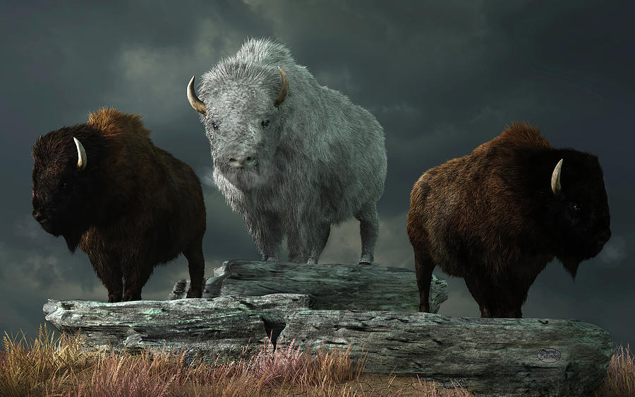 White Bison and Brown Bison Digital Art by Daniel Eskridge