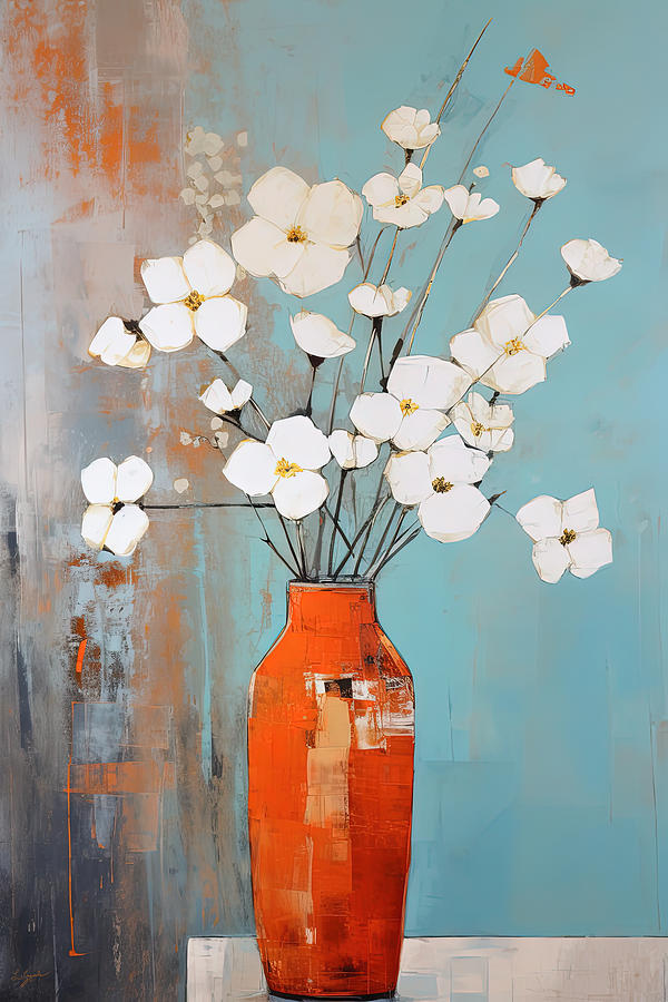 White Blooms against a Vibrant Orange Painting by Lourry Legarde