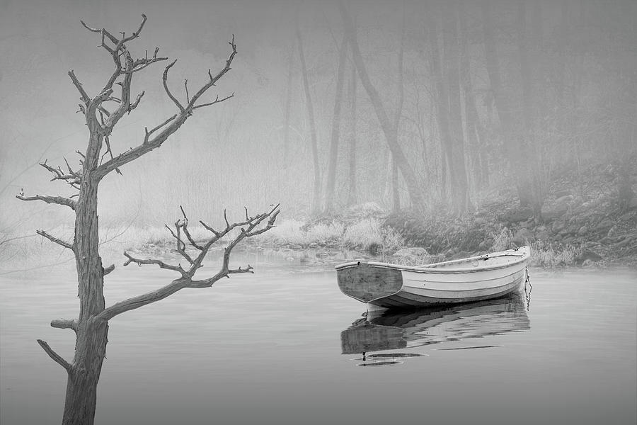 White Boat Anchored in the Mist in Black and White Photograph by Randall Nyhof